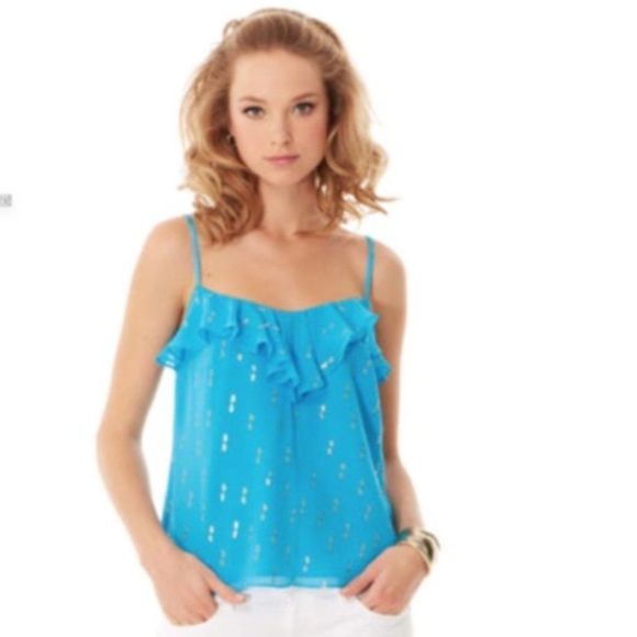 Lilly Pulitzer 100% SILK Camille Tank in Aqua and metallic adjustable straps - Picture 1 of 7